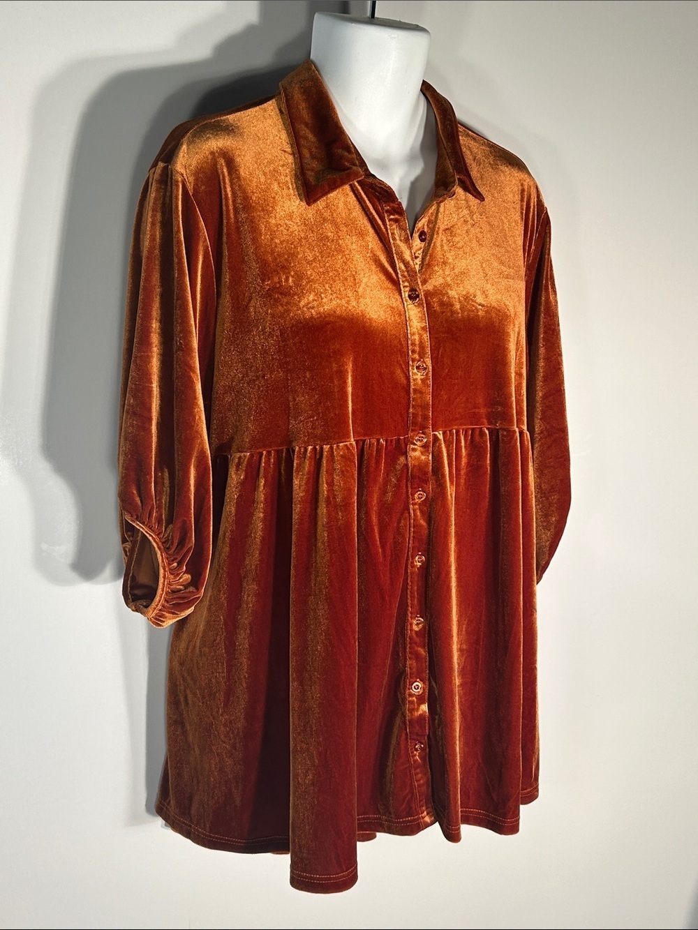 Umgee SZ L Rust Velvet Babydoll Top Boho Dressy Whimsigoth Dark Romance